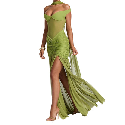 Green evening gown with a high slit 