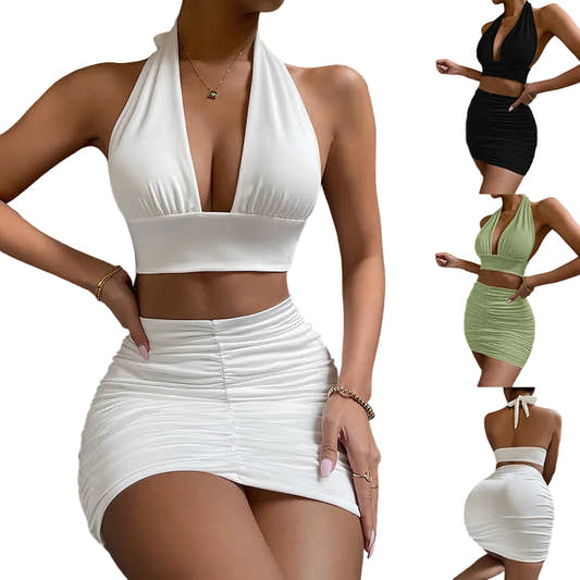  halter lace-up crop top and pleated mini skirt two-piece set


