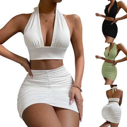  halter lace-up crop top and pleated mini skirt two-piece set

