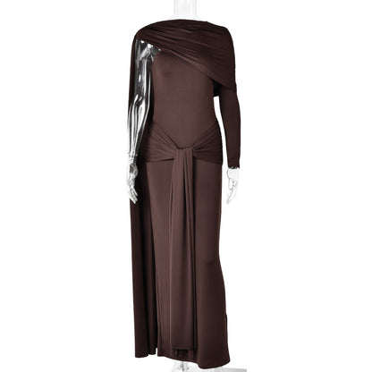 Draped Cape-Sleeve Column Maxi Dress