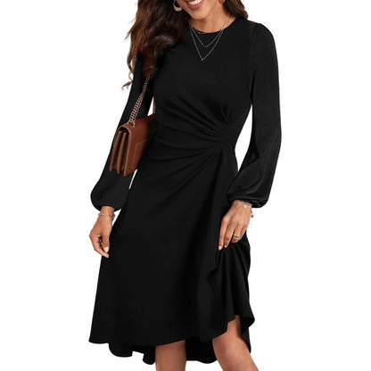 Long Sleeve Ruched Waist A-Line Dress
