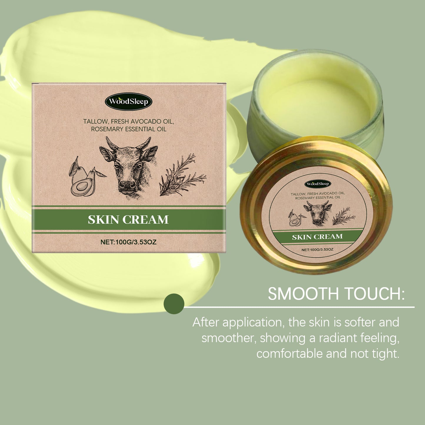 Lightweight moisturizing skin cream with tallow and avocado oil