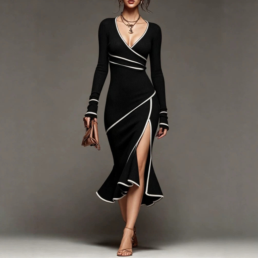 Wine Red Contrast White Trim Slit Mermaid Bodycon Long Sleeve Knit Dress Elegant Midi Gown