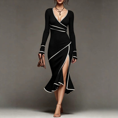 Contrast Trim Long Sleeve Wrap Midi Dress