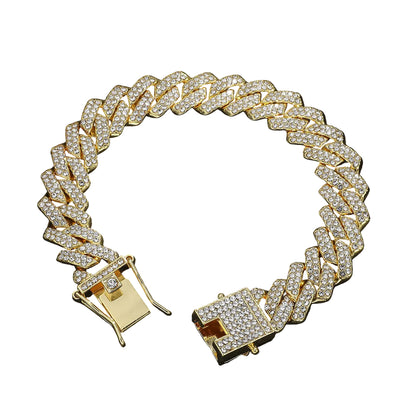 Diamond hip hop chunky Cuban link bracelet  in gold – front view, rhinestone diamond pendant
