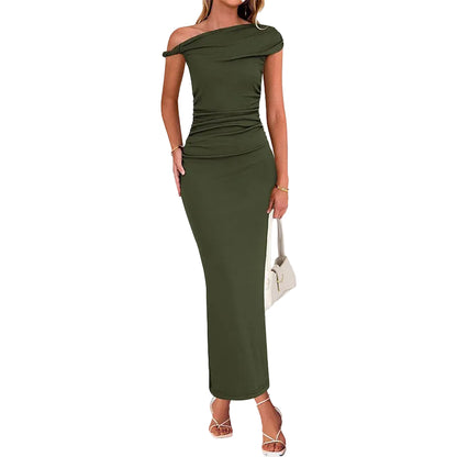 Dark green one-shoulder ruched bodycon maxi dress full length front view on model
