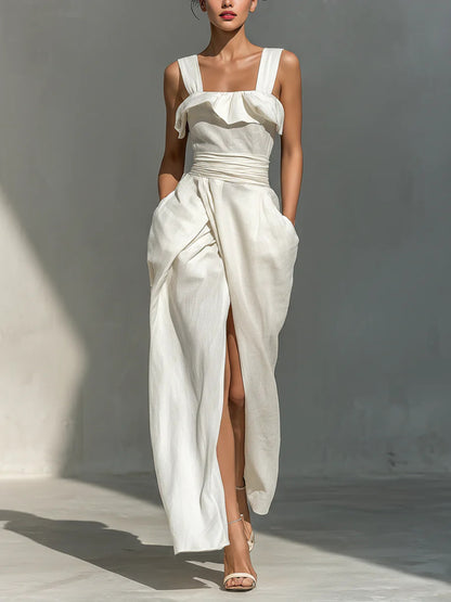 White Linen-Look Maxi Elegant Dress with Square Neckline, Ruched Waist, and Front Slit Detail