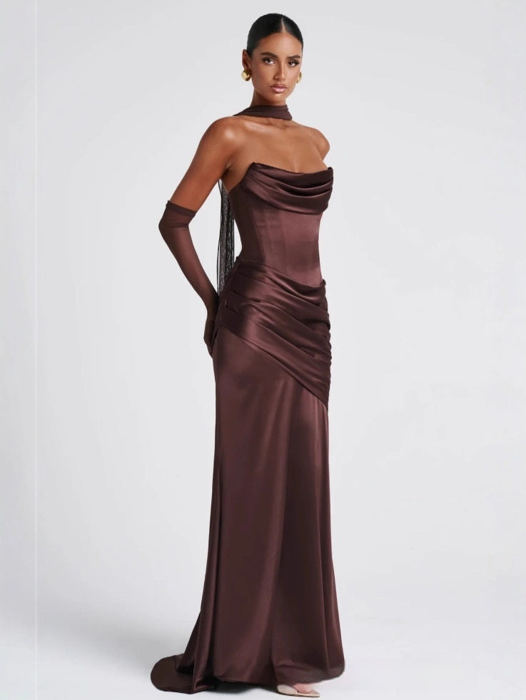Fitted brown mermaid dress - strapless tube top gown with flared skirt for prom

