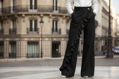 Ruffle wide leg denim trousers women retro high waist jeans blue

