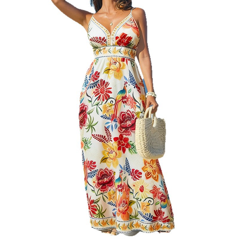  botanical floral digital print on cream maxi dress — red, yellow, orange and blue flowers
