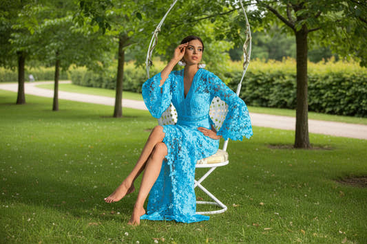 blue lace bell sleeve maxi dress women deep v neck elegant boho
