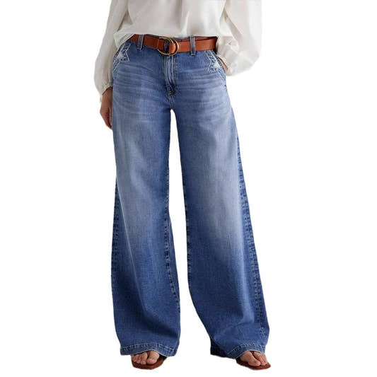 High waist wide leg embroidered denim jeans in blue
