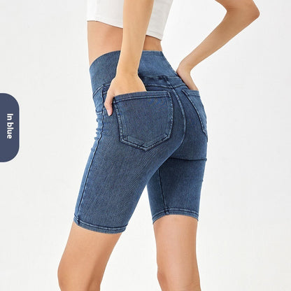 High waist athletic denim shorts women cycling shorts stretchy fabric