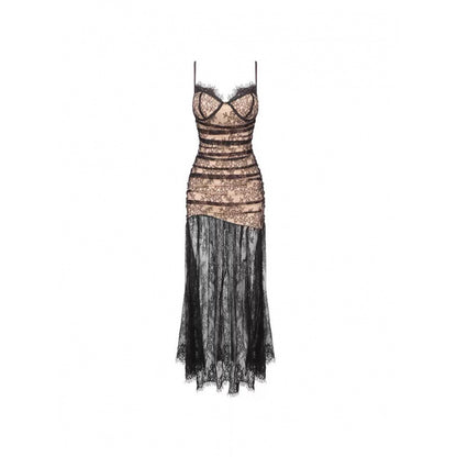 Black lace evening dress showing semi-sheer construction and dramatic floor-length silhouette