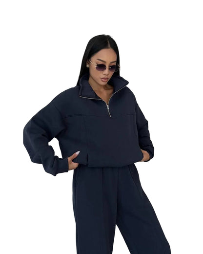 Y2K tracksuit two-piece set in navy blue – back view showing contrast collage stitch detail on jacket
