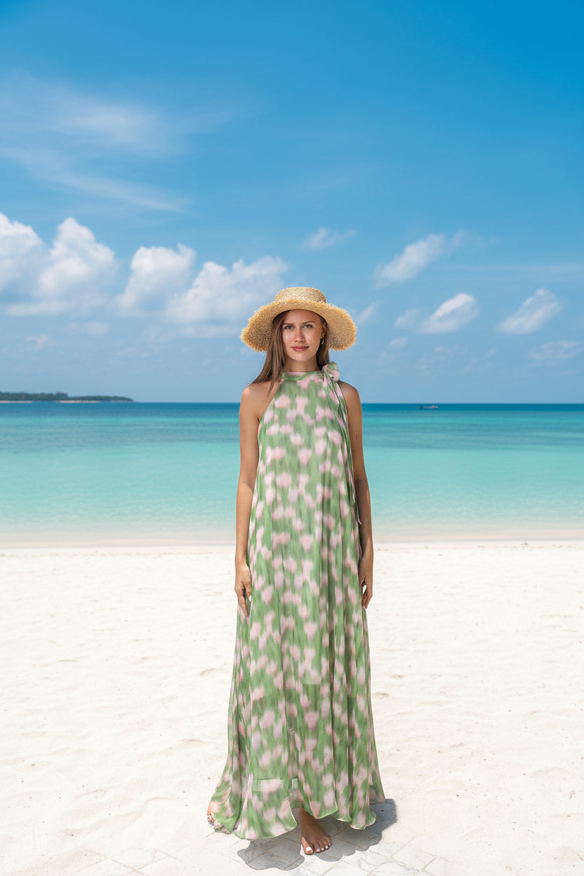 Woman in a green and pink patterned dress and straw hat standing by the ocean 
