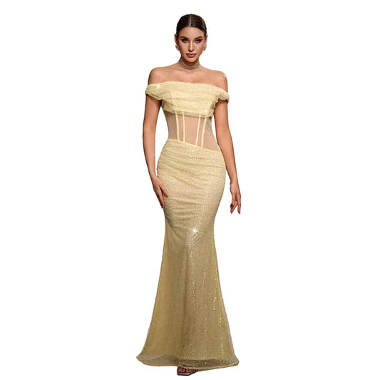 Full-length view of off-the-shoulder sequined gown in yellow – women's luxury occasion we