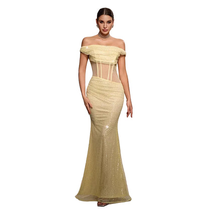 Full-length view of off-the-shoulder sequined gown in yellow – women's luxury occasion we