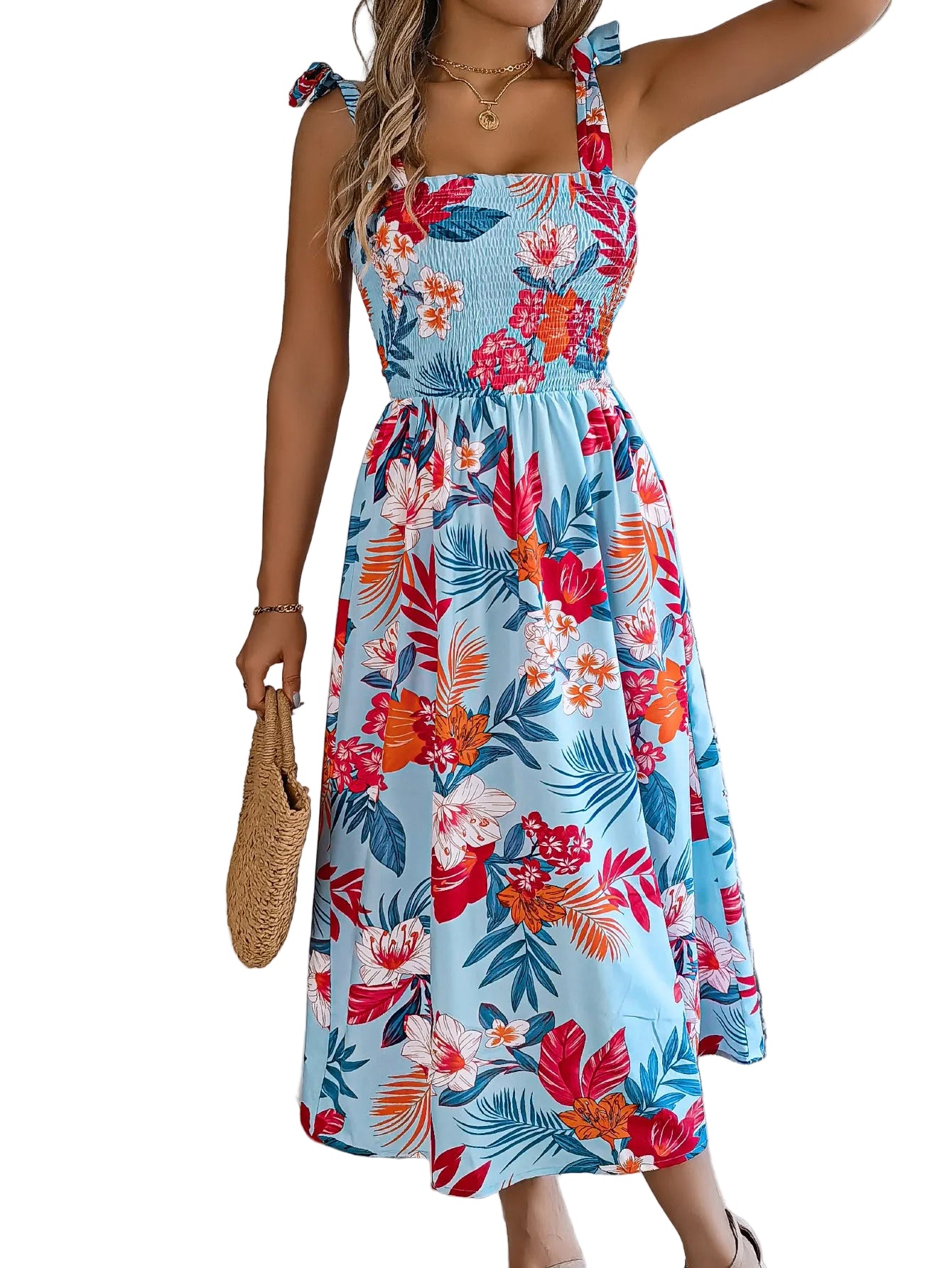  floral A-line midi dress with cinched waist and flowing skirt 
