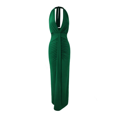 Women's emerald green halter slim fit maxi dress – full length 