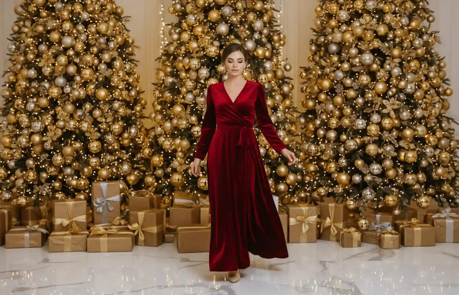 Woman in a red velvet dress standing in front of Christmas trees and presents.