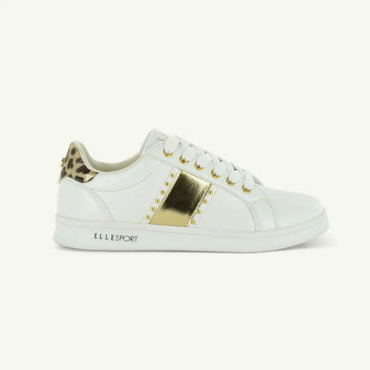 White  ELLE sport sneaker with gold accents and leopard print heel 