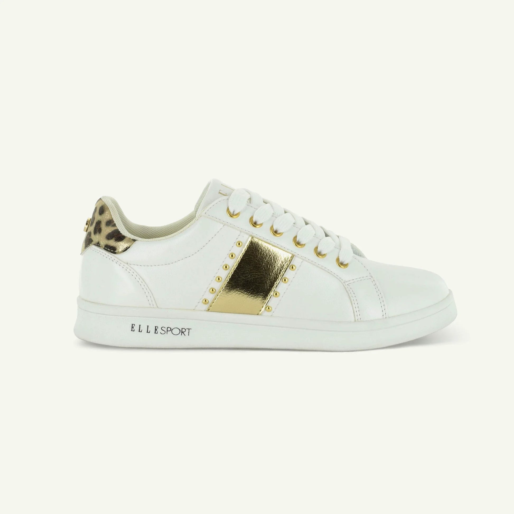 White  ELLE sport sneaker with gold accents and leopard print heel 