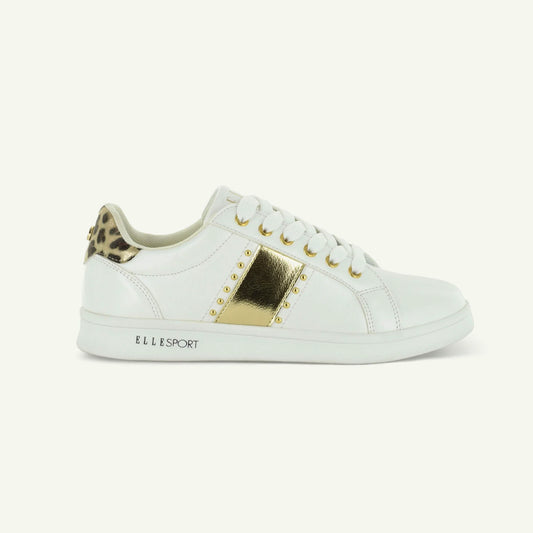 White  ELLE sport sneaker with gold accents and leopard print heel 