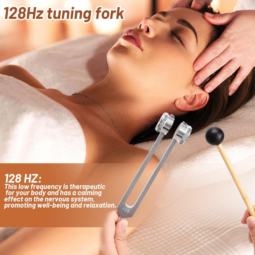 Person receiving a 128Hz tuning fork treatment with text explaining its therapeutic benefits.