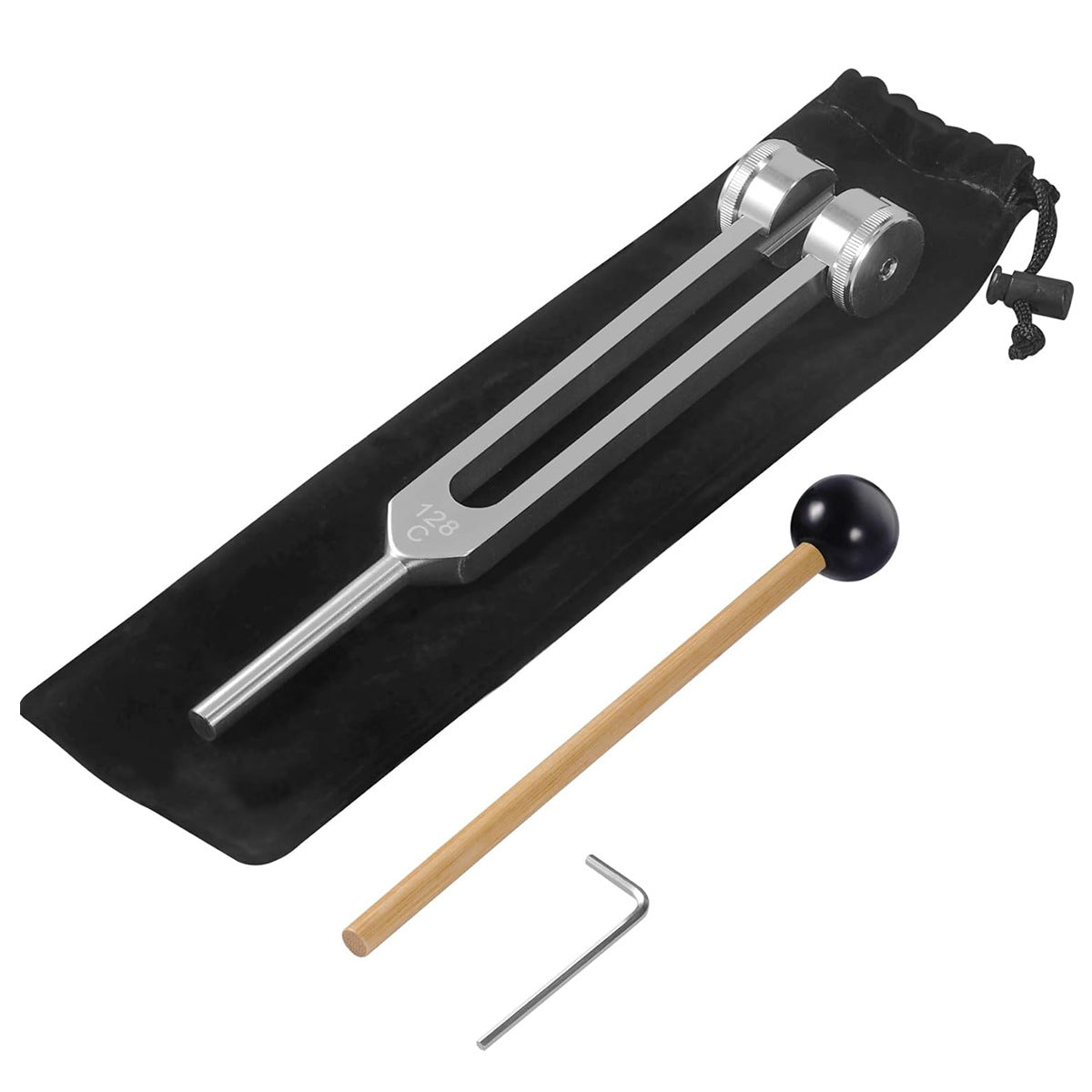 Tuning fork set with black carrying case, mallet, and hex key 