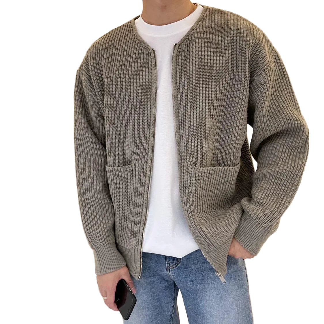 Men wearing oversized zip-up cardigan styled with white tee and jeans, casual streetwear look