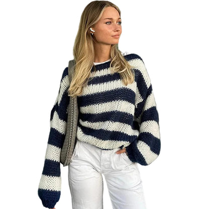 Striped loose fit long sleeve knit pullover sweater in black and white – front view, relaxed fit casual knit top
