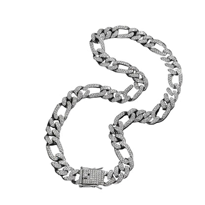 Diamond hip hop necklace in silver – 8 inch Cuban link chain worn close to collarbone
