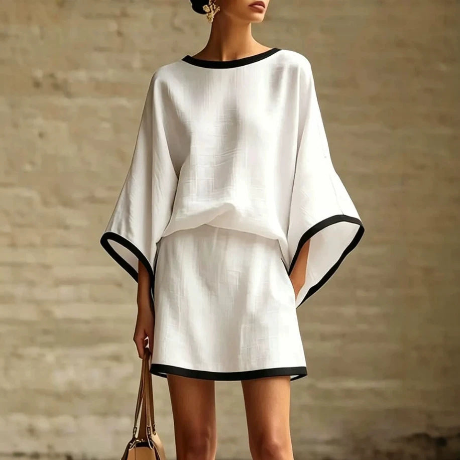 Color-Block Batwing Top and Mini Skirt Co-ord Chic Set with Draped Sleeve Detail
