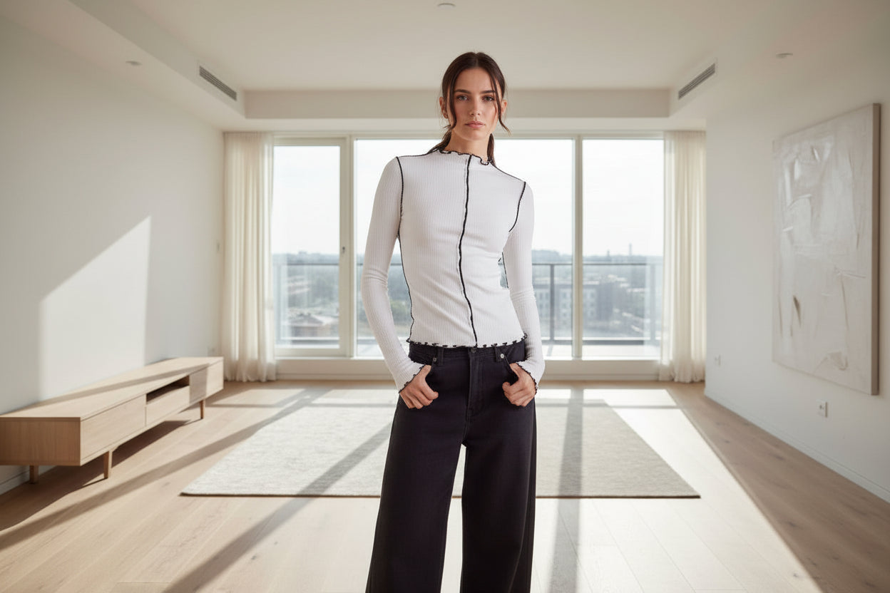 White long-sleeve top with black trim worn by model 