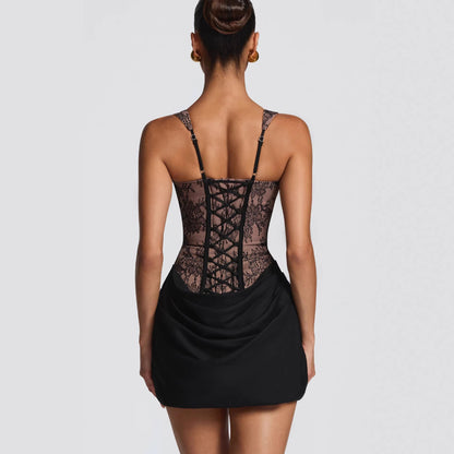 Sheer Lace Corset Draped Mini Dress