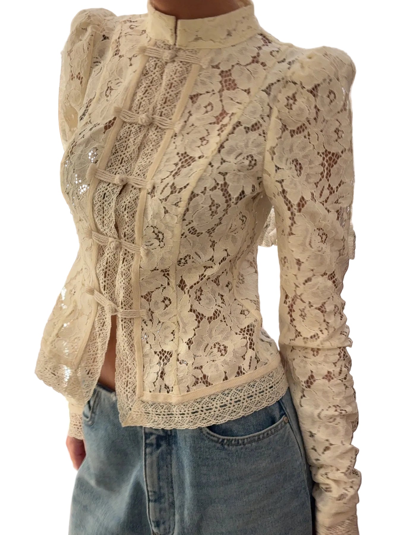 White lace long sleeve jacket frog button wedding guest women

