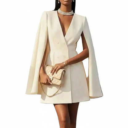 elegant formal dress
Women's double-breasted cape sleeve blazer mini dress in beige– slim fit dress
