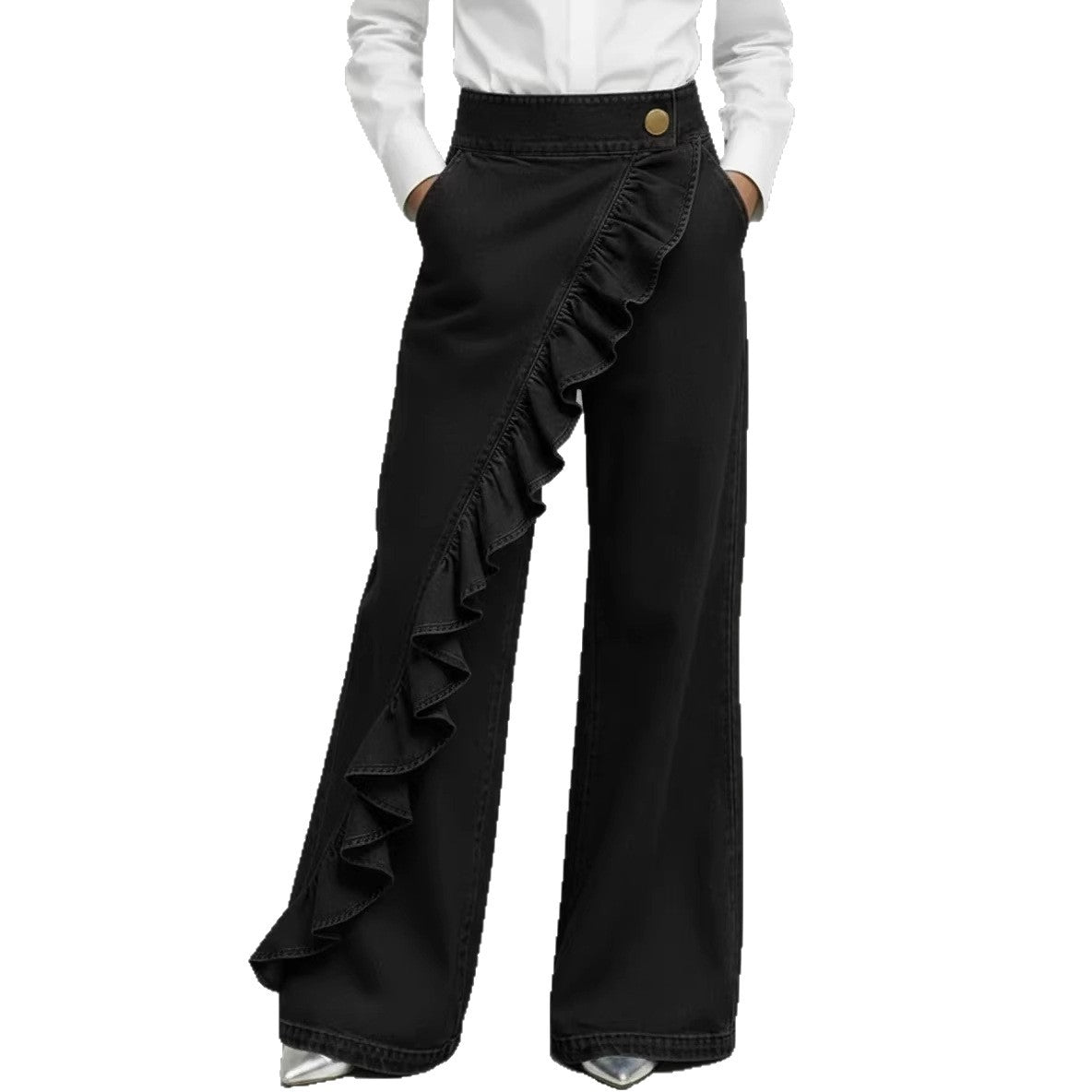 High waist ruffle denim trousers women wide leg A-line blue black

