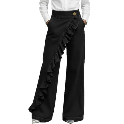 High waist ruffle denim trousers women wide leg A-line blue black


