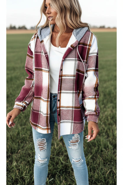 Plaid hooded button coat in burgundy – full length front view, autumn winter women's outerwear


