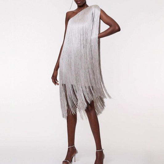 white Fringe tassel one shoulder dress bandage midi formal evening

