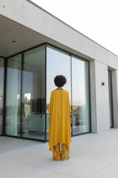 Back of  co-ord set with wide-leg trousers in yellow
