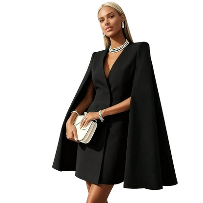 Front view of cape sleeve blazer dress in black – V-neck double-breasted mini dress