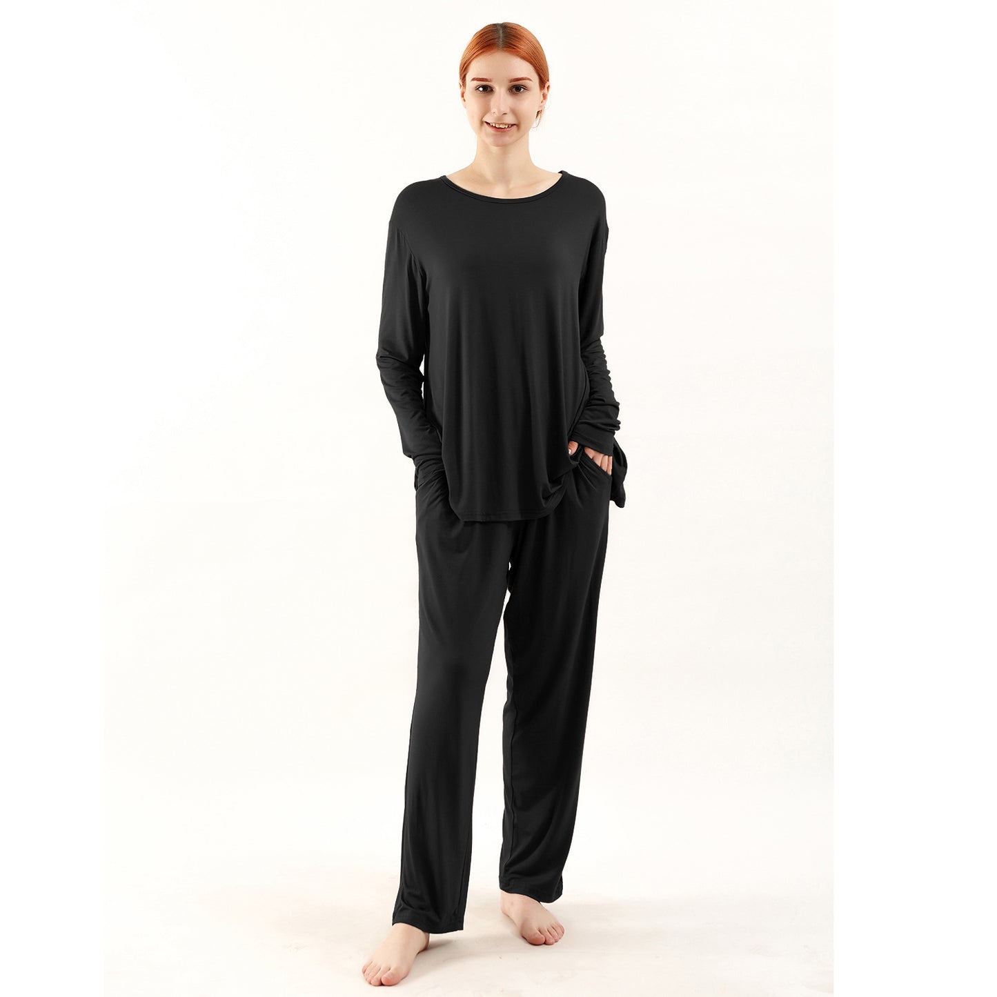 Women's plus size home wear bamboo long sleeve elastic waist pants

