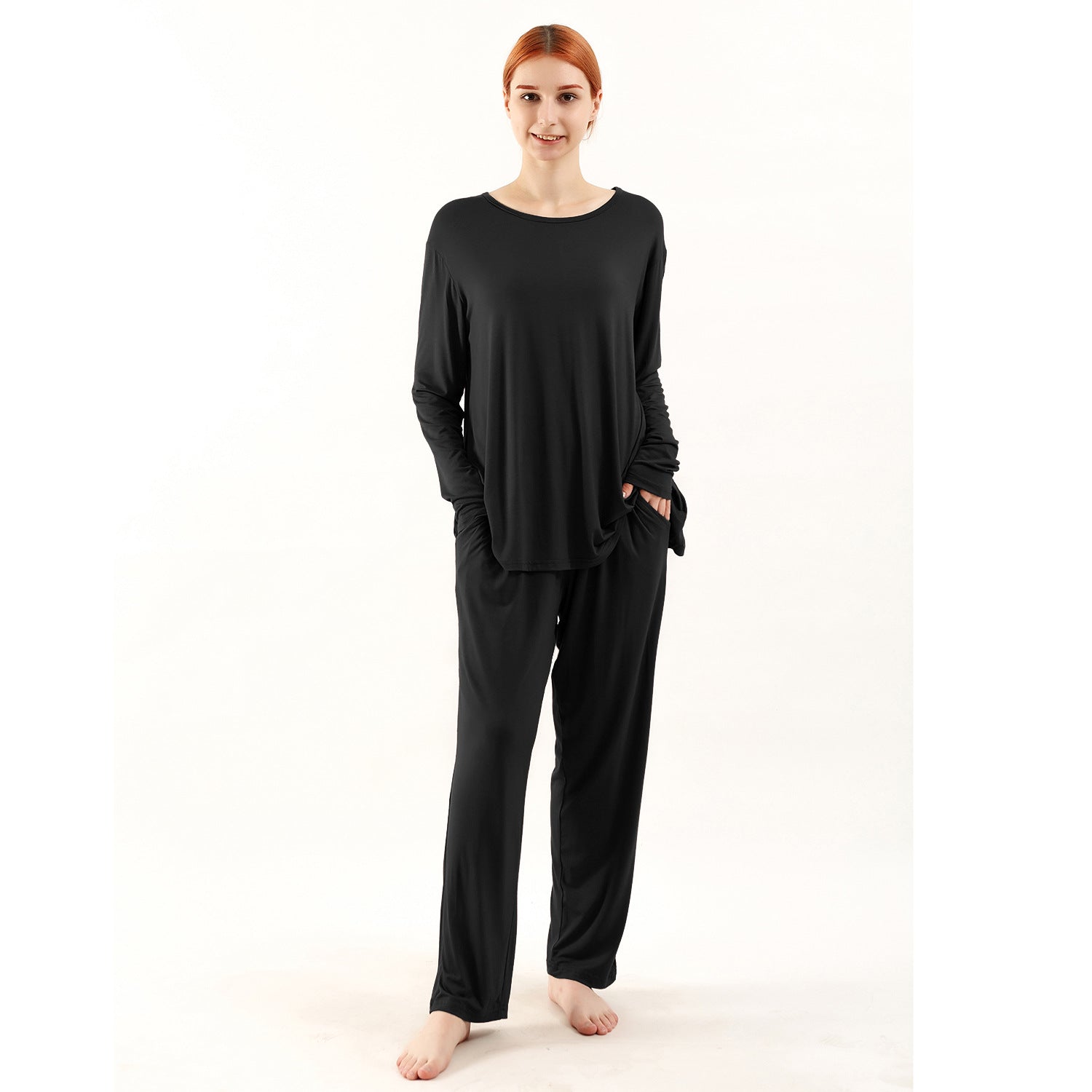 Women's plus size home wear bamboo long sleeve elastic waist pants

