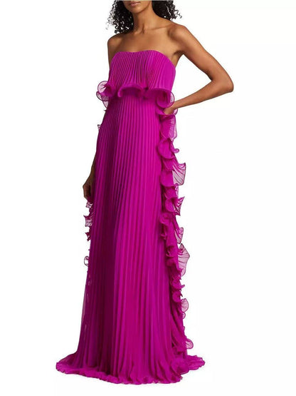 Strapless pleated ruffle chest wrap maxi dress in yellow – close-up of ruffled chest wrap and vertical pleating texture
