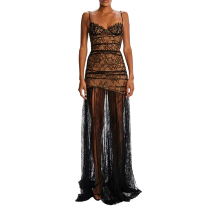 Women's formal black lace gown with spaghetti straps perfect for weddings and galas

