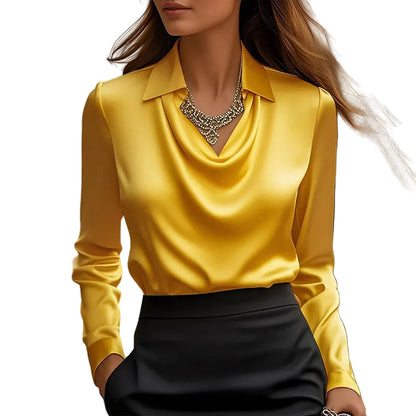Lapel collar satin blouse ruched chest long sleeve for dinner dates and parties

