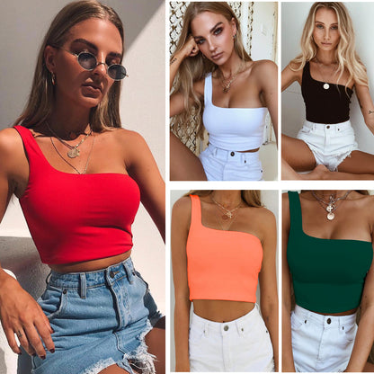 Sleeveless one-shoulder crop top available in multiple colors